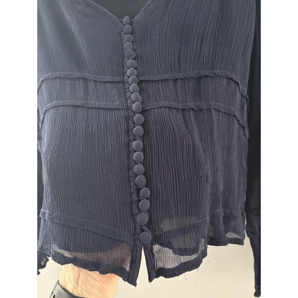 Boston Proper Blouse Womens 4 Navy Blue Silk Sheer Button Front Whimsy Luxury - Picture 3 of 16